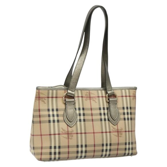 BURBERRY Nova Check Tote Bag PVC Leather Beige Silver